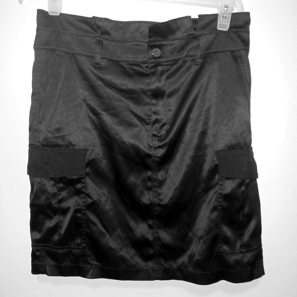 Dark Academia White House Black Market Black Satin Cargo Mini Skirt Utility 10
